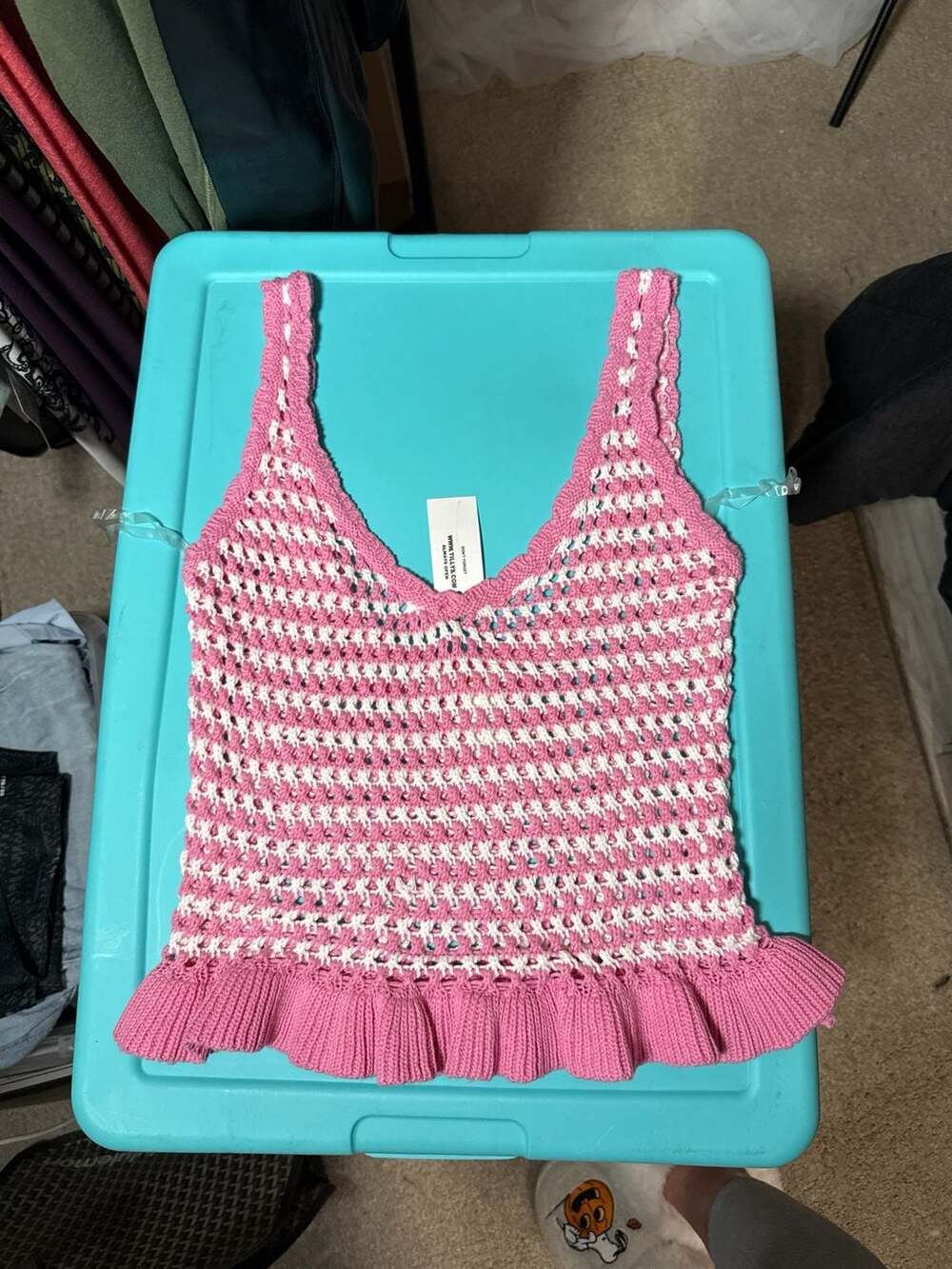 Full Tilt Pink and White Striped Crochet Ruffle Hem Tank Top